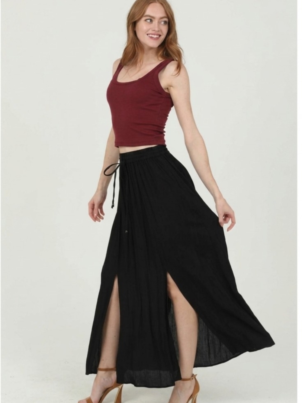 NWT Angie Double Slit Flowy Maxi Skirt - Black Drawstring Waist - Size Small